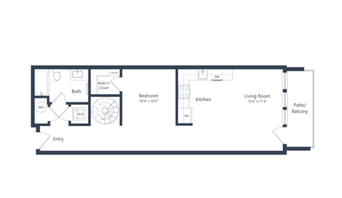 A floor plan of a home with a living room, kitchen, bathroom and bedroom.